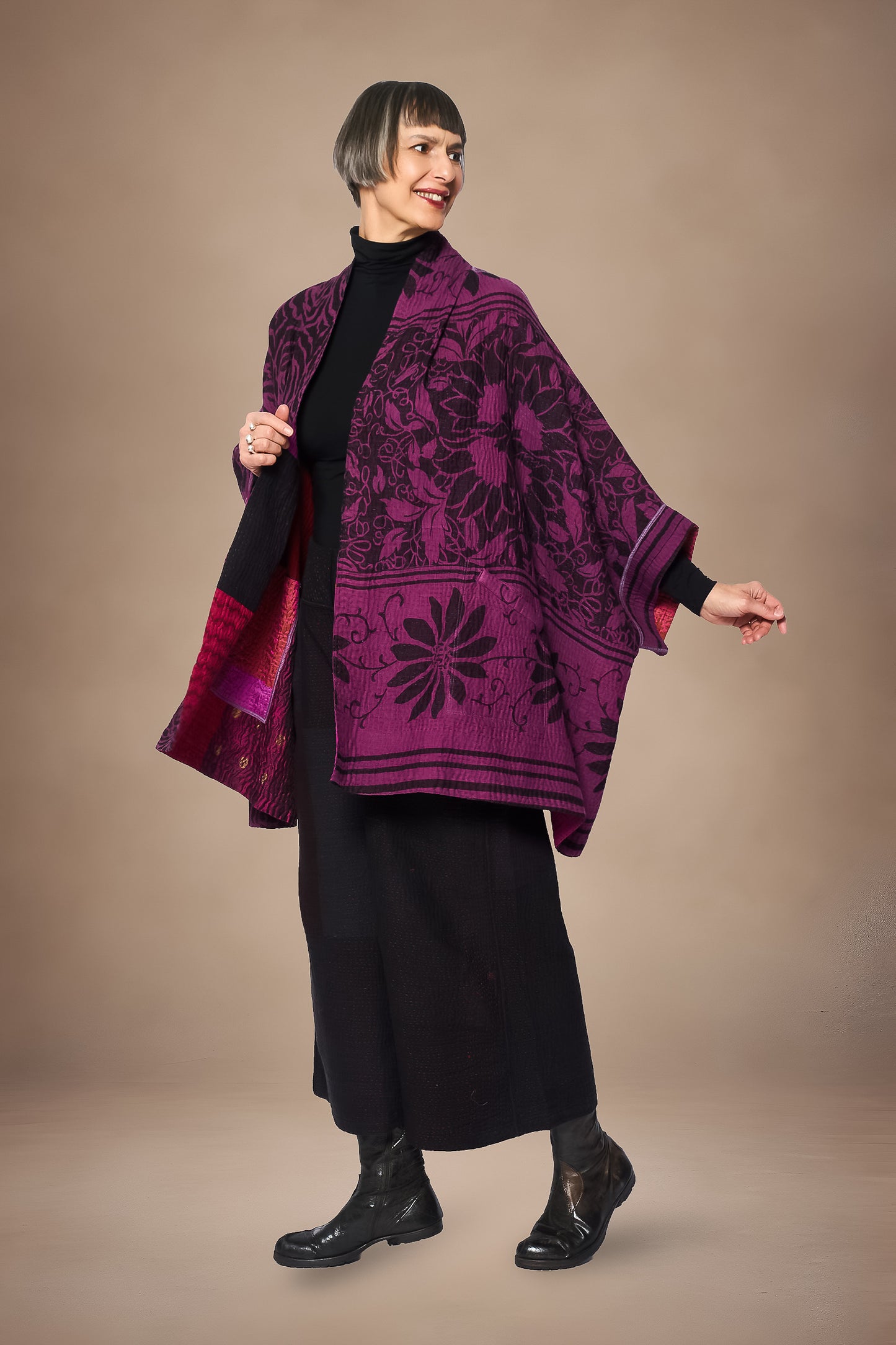 AMETHYST COTTON SILK KANTHA DOUBLE COLLAR PONCHO - oc4323-prp -