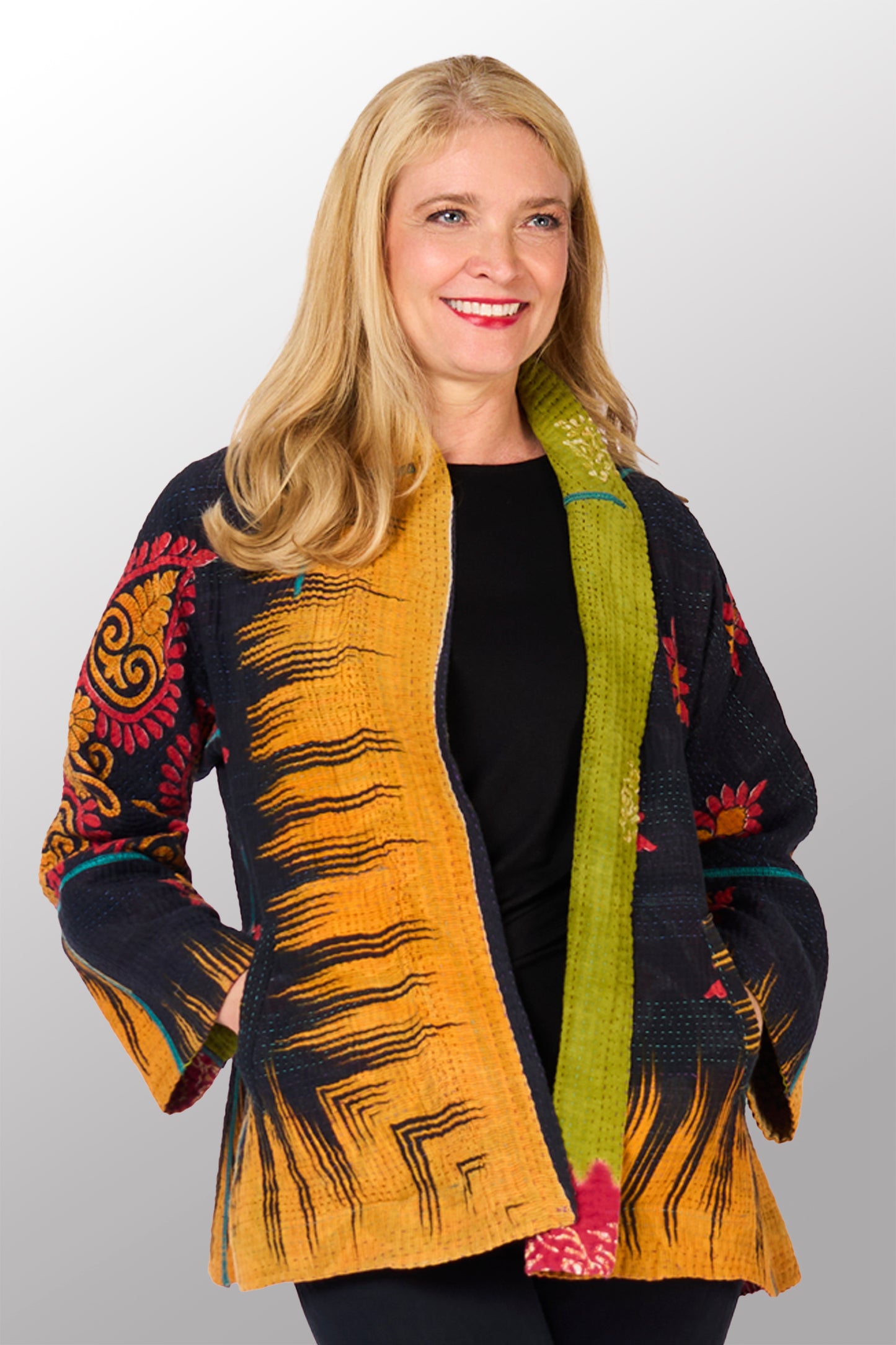 VINTAGE COTTON KANTHA FLARE SHORT JKT - cv4011-0130s -