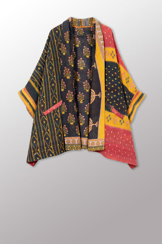 VINTAGE COTTON KANTHA DOUBLE COLLAR PONCHO - cv4323-0063a -