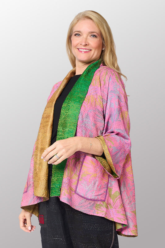 GEORGETTE JACQUARD VINTAGE SILK PATCH KANTHA KIMONO JACKET - gj2004-0002a -