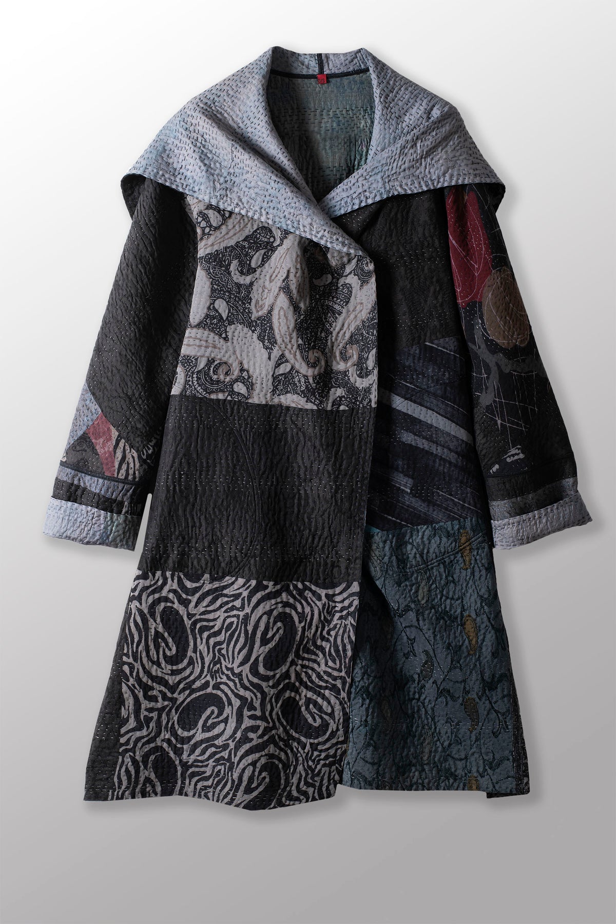 GEORGETTE JACQUARD VINTAGE SILK PATCH KANTHA A-LINE COAT - gj4309-blk -