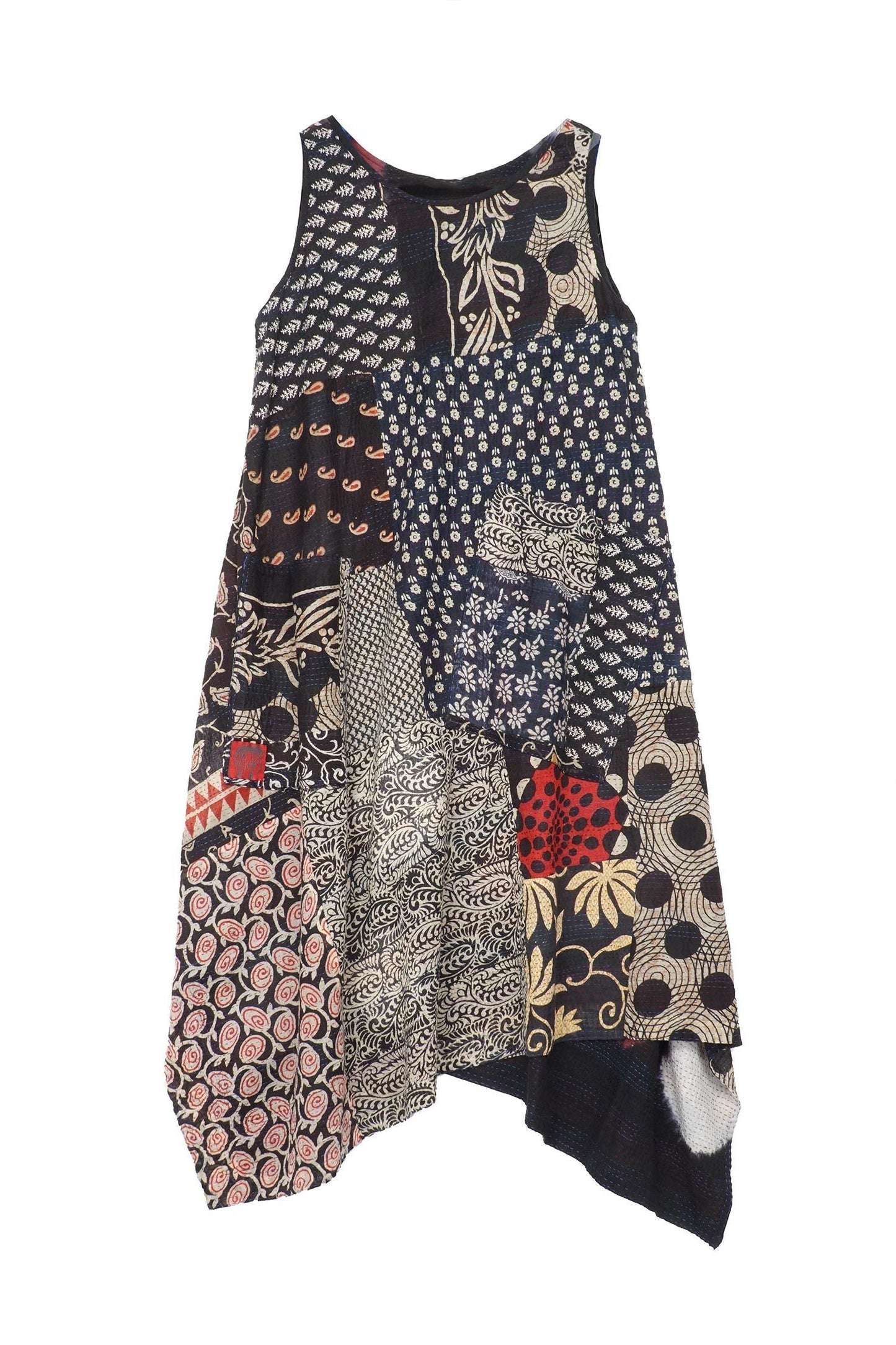 PATCH & CIRCLE PRINT KANTHA POINTY HEM DRESS - pc2415-blk -