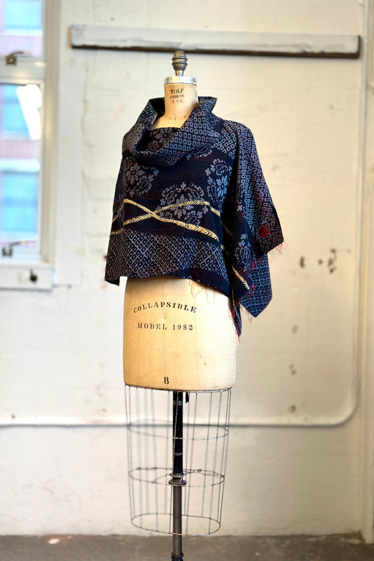 KIMONO PRINT KANTHA COWL NECK CAPE - kp2807-blk -