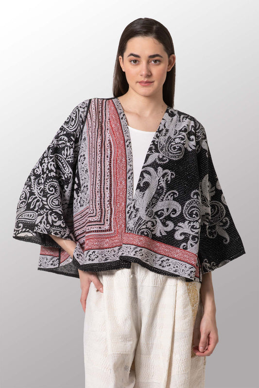 COTTON PAISLEY KANTHA BELL SHAPE JACKET - cp2048-blk -