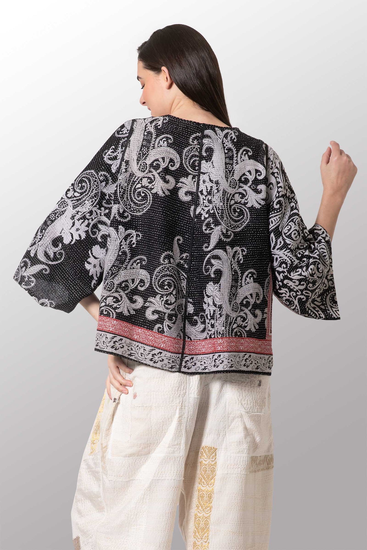 COTTON PAISLEY KANTHA BELL SHAPE JACKET - cp2048-blk -