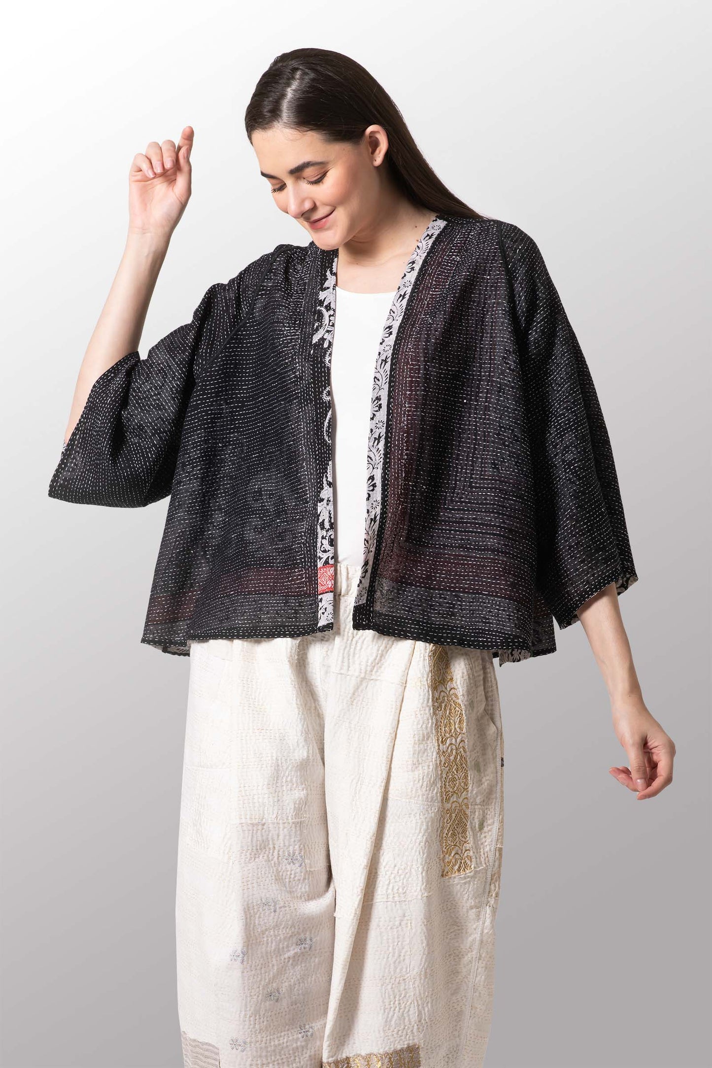 COTTON PAISLEY KANTHA BELL SHAPE JACKET - cp2048-blk -