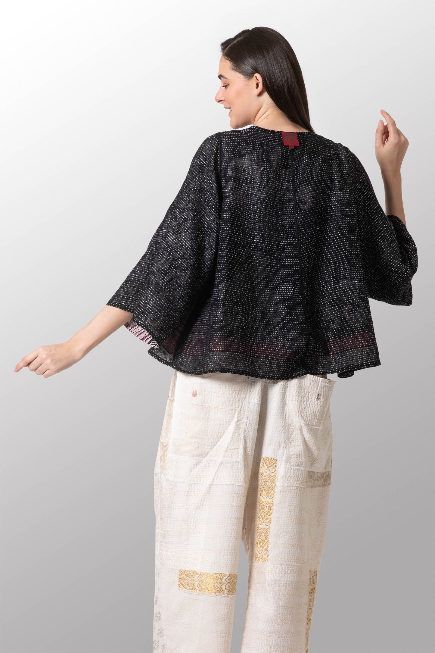 COTTON PAISLEY KANTHA BELL SHAPE JACKET - cp2048-blk -