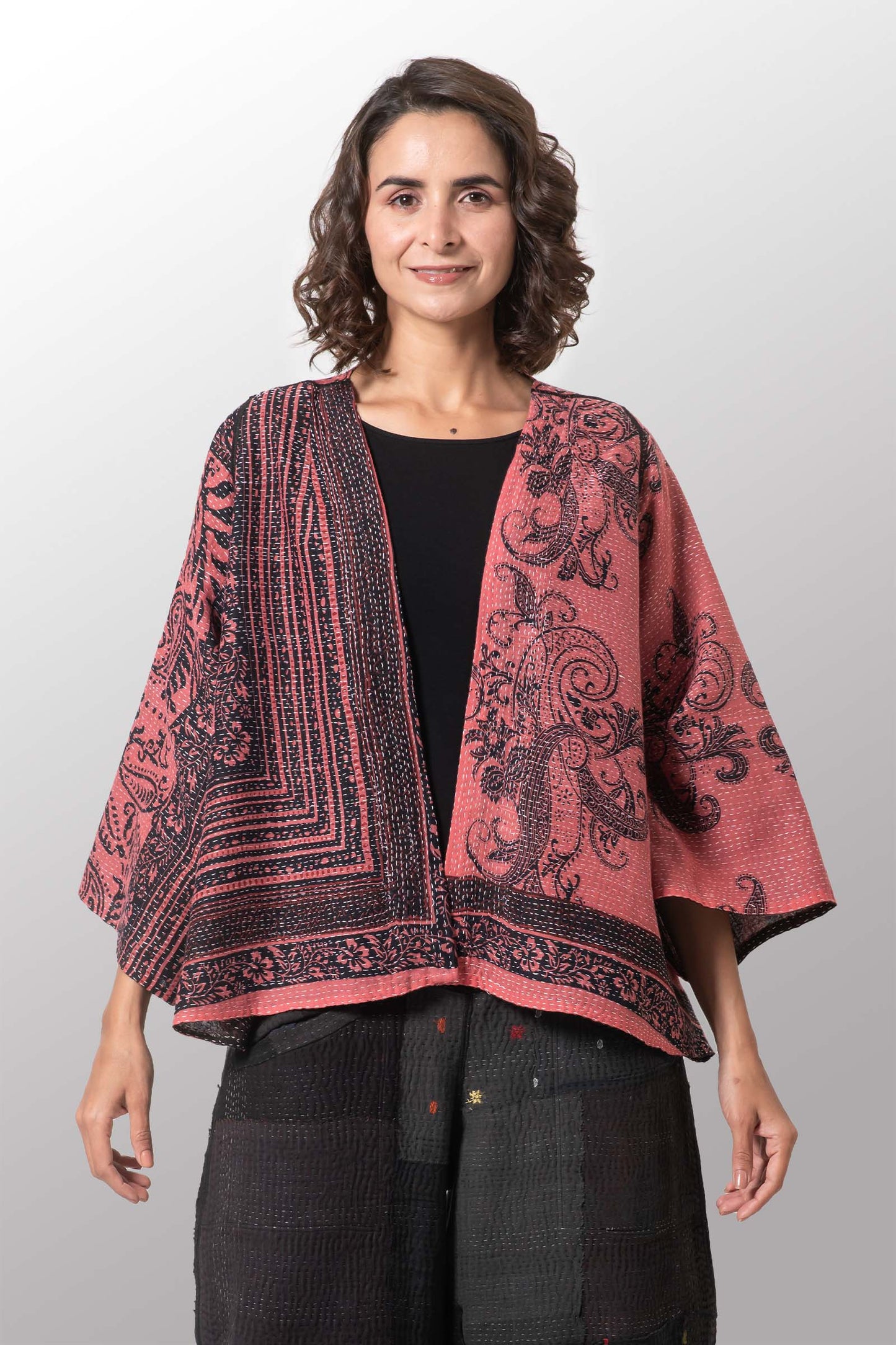 COTTON PAISLEY KANTHA BELL SHAPE JACKET - cp2048-pik -