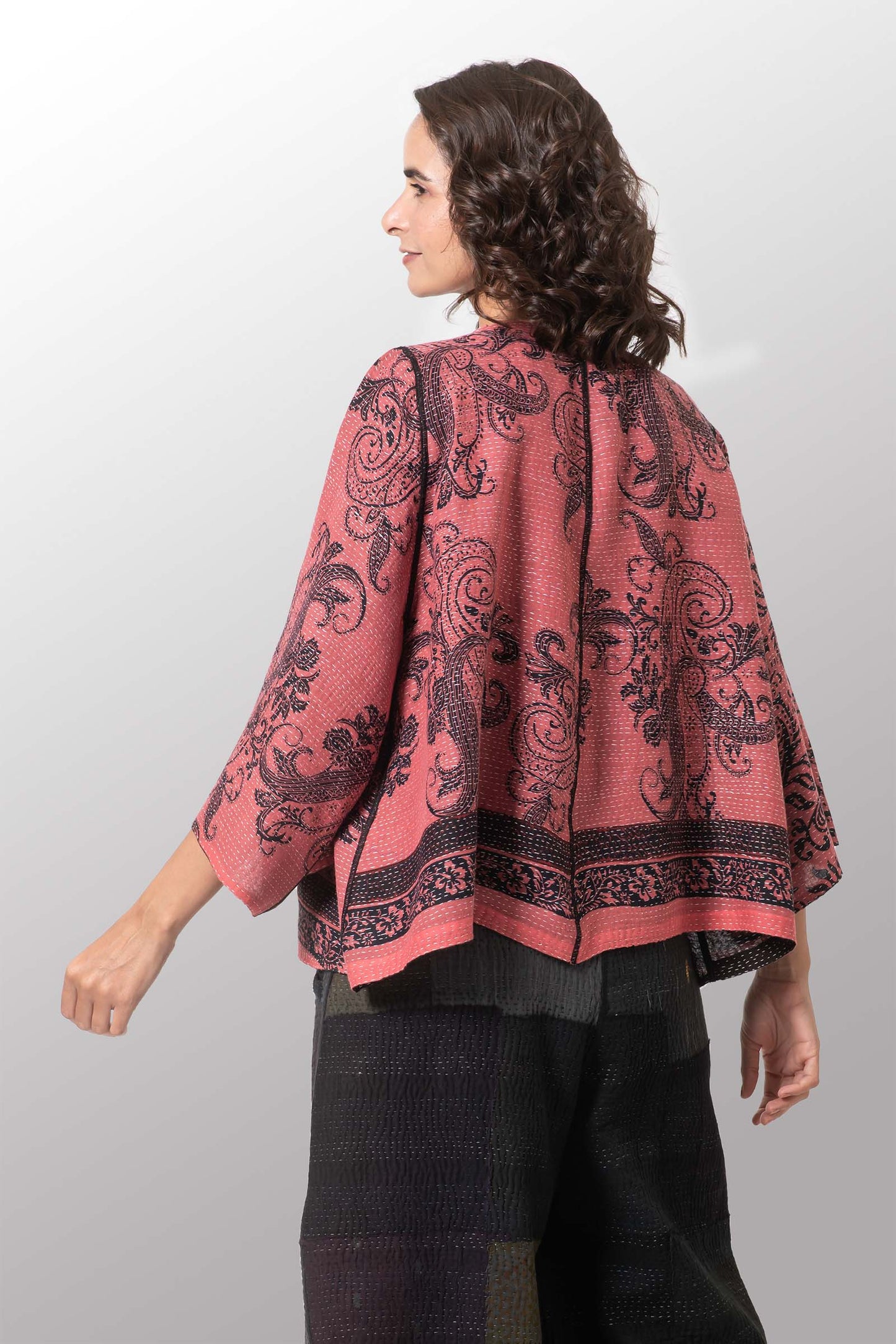 COTTON PAISLEY KANTHA BELL SHAPE JACKET - cp2048-pik -