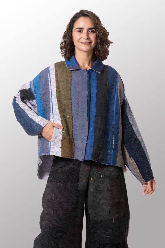 COTTON STRIPE PATCH KANTHA CROPED SHIRT JACKET - cs4075-blu -