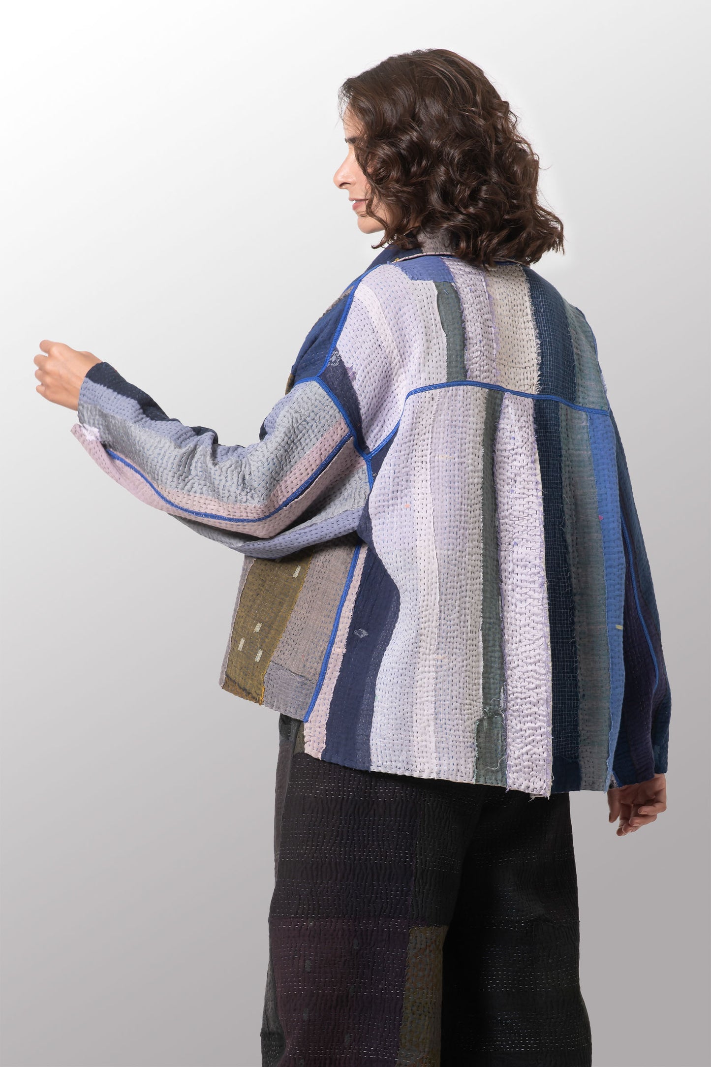 COTTON STRIPE PATCH KANTHA CROPED SHIRT JACKET - cs4075-blu -