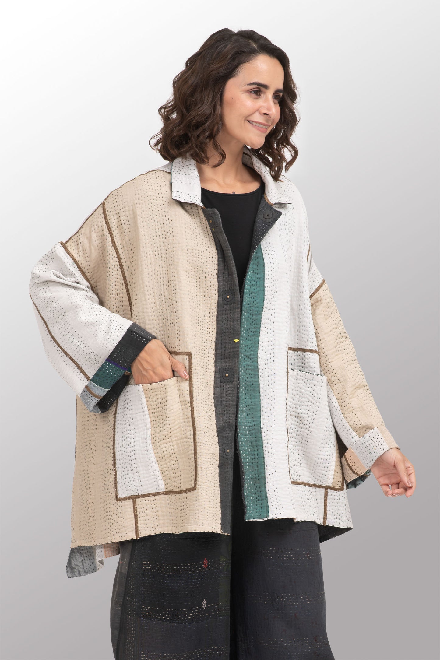 COTTON STRIPE PATCH KANTHA OVERSIZED MINI COAT - cs4332-grn -