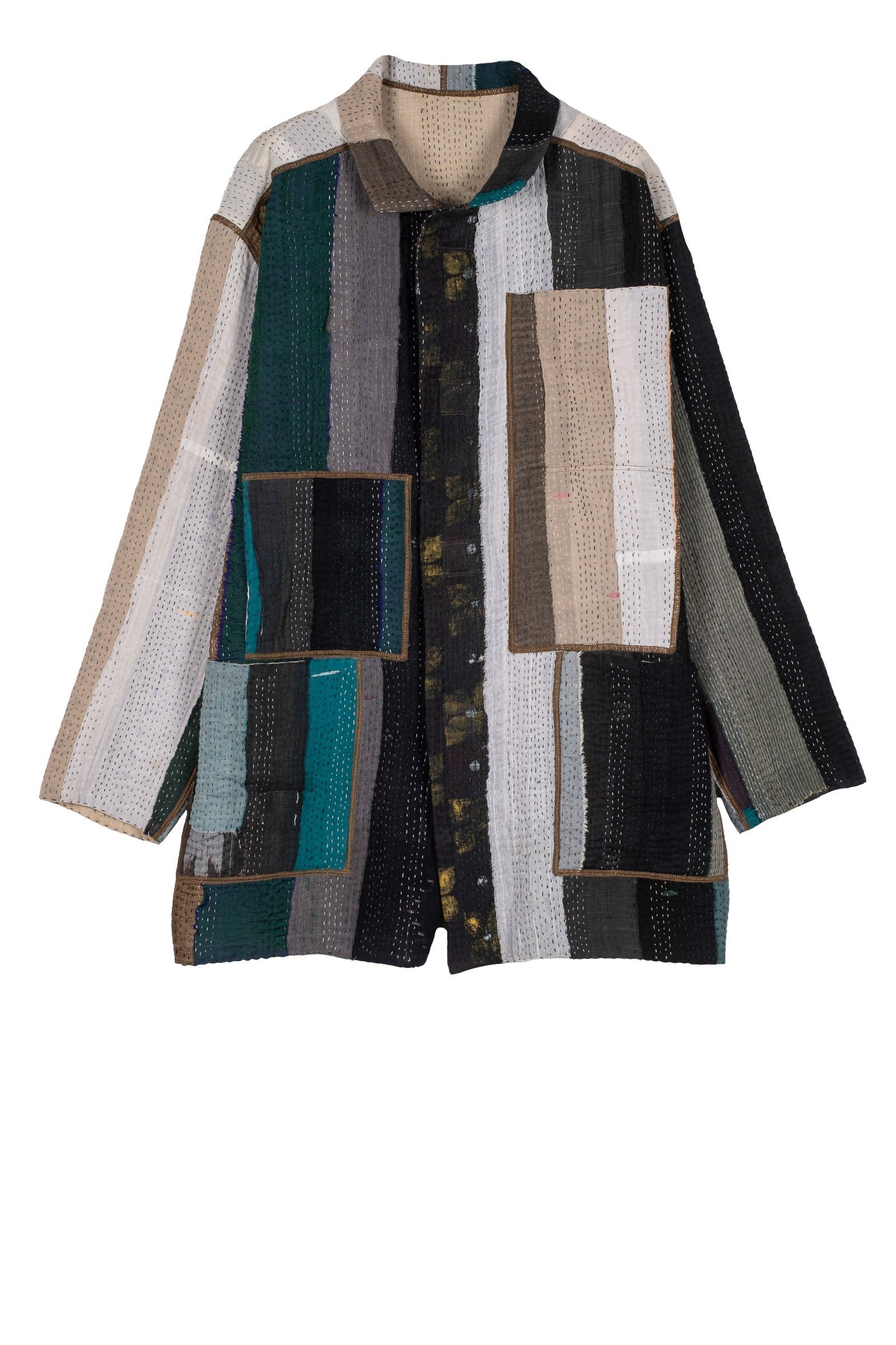 COTTON STRIPE PATCH KANTHA OVERSIZED MINI COAT - cs4332-grn -