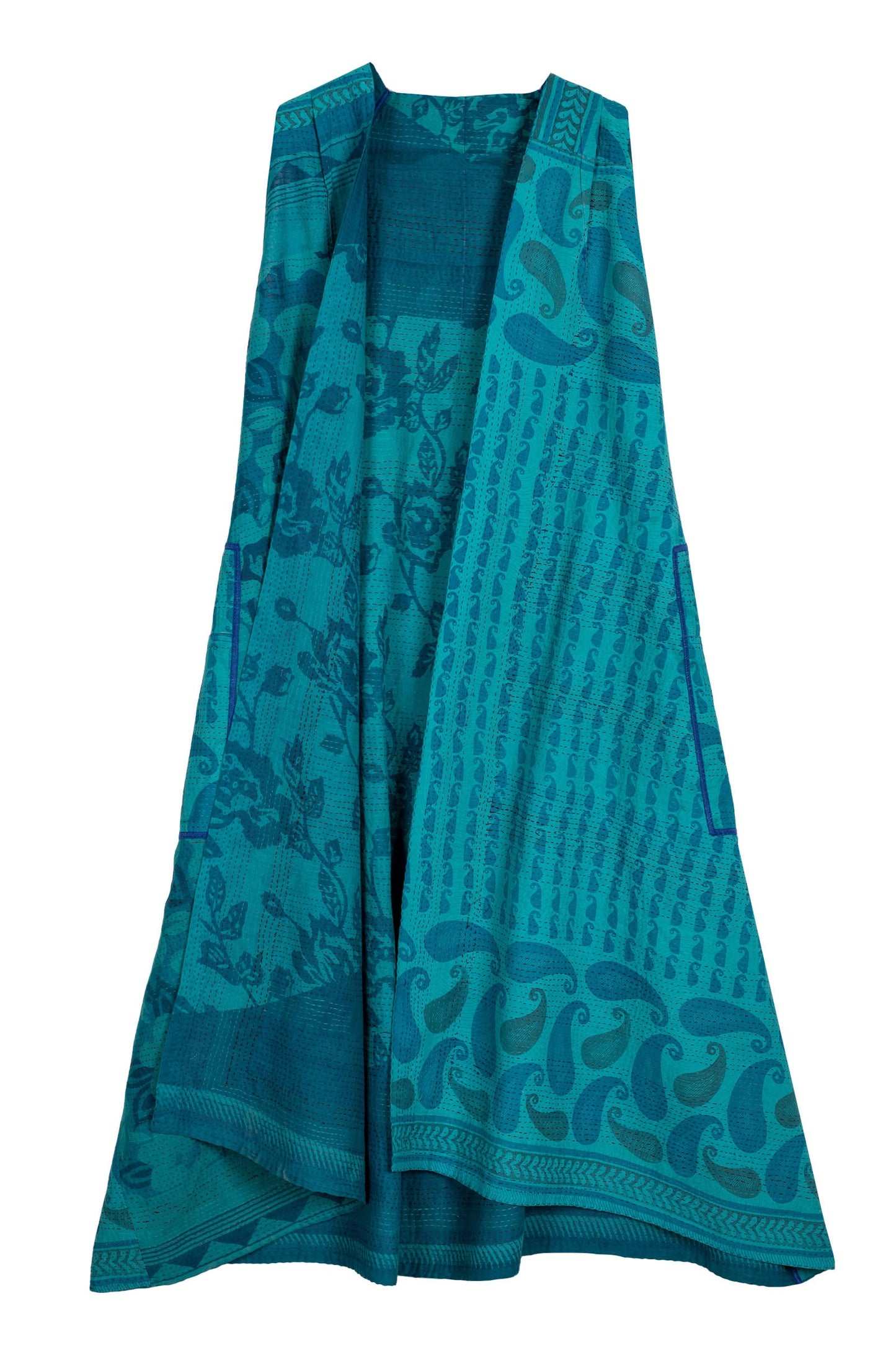 VINTAGE COTTON KANTHA BACK PLEATED VEST MAXI - cv2222-0009a -