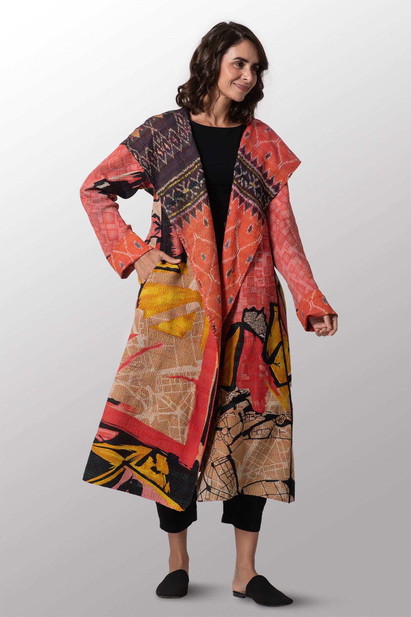 VINTAGE COTTON KANTHA HOODED A-LINE LONG COAT - cv2306-0007a -