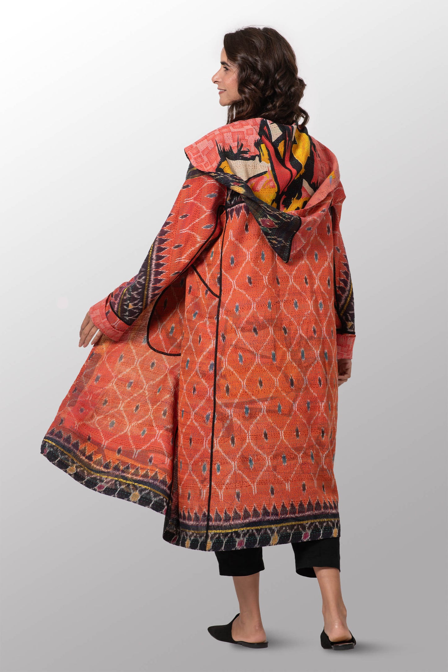 VINTAGE COTTON KANTHA HOODED A-LINE LONG COAT - cv2306-0007a -