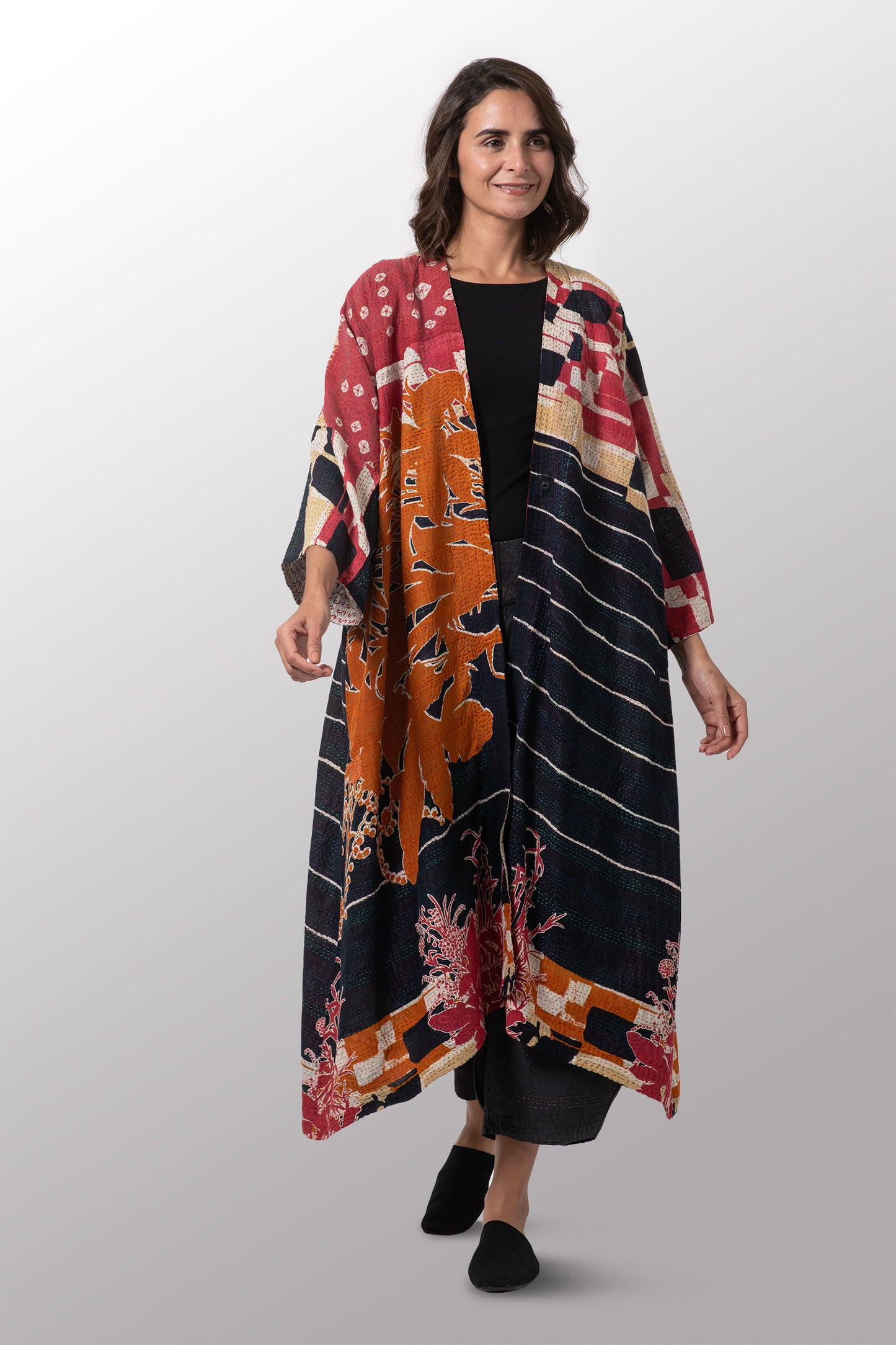 VINTAGE COTTON KANTHA KIMONO MAXI - cv2318-0002a -