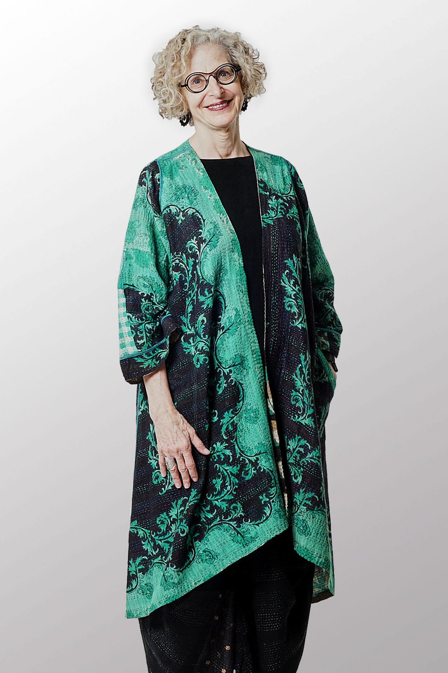 VINTAGE COTTON KANTHA WRAP FLARE COAT - cv2330-0004a -