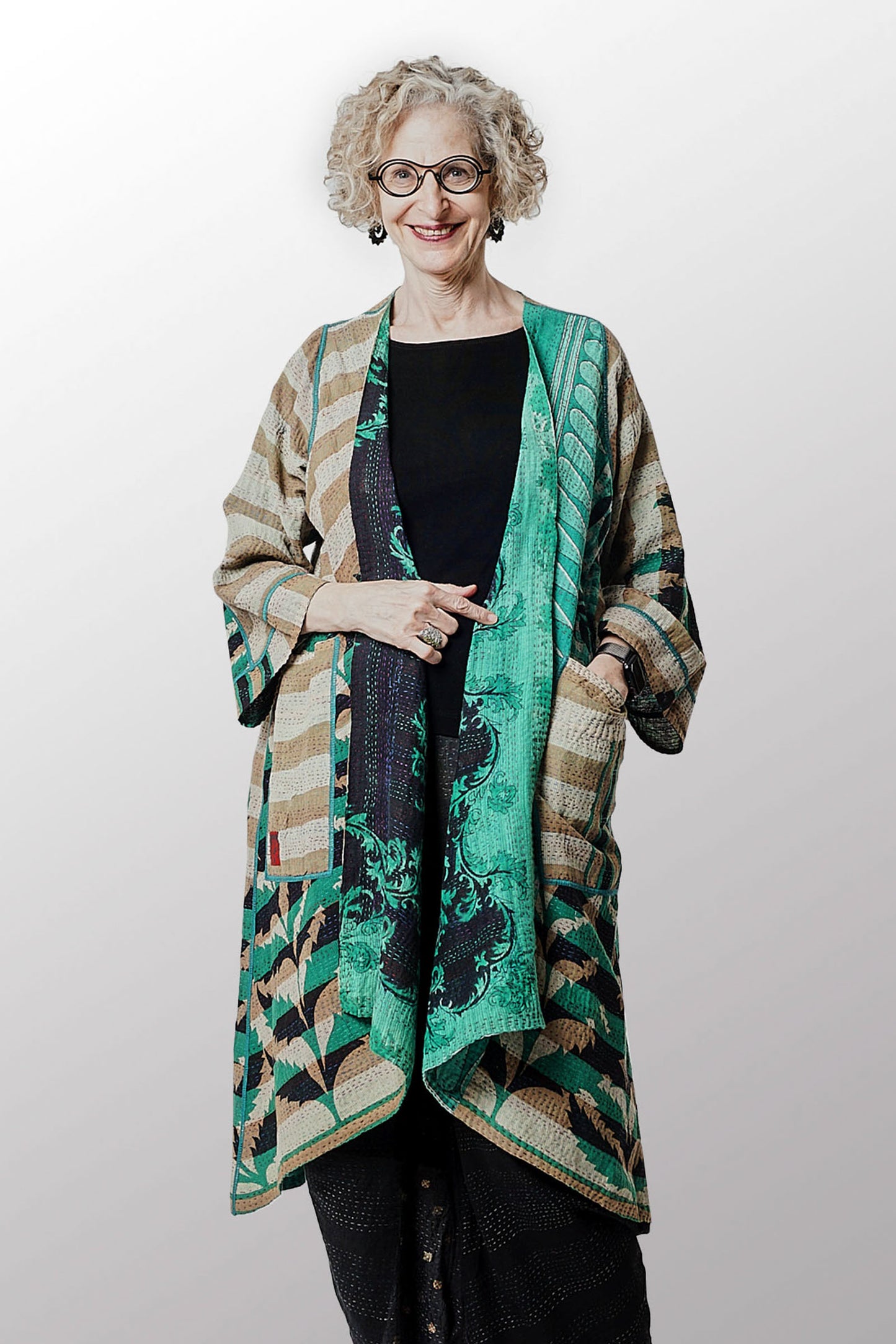 VINTAGE COTTON KANTHA WRAP FLARE COAT - cv2330-0004a -