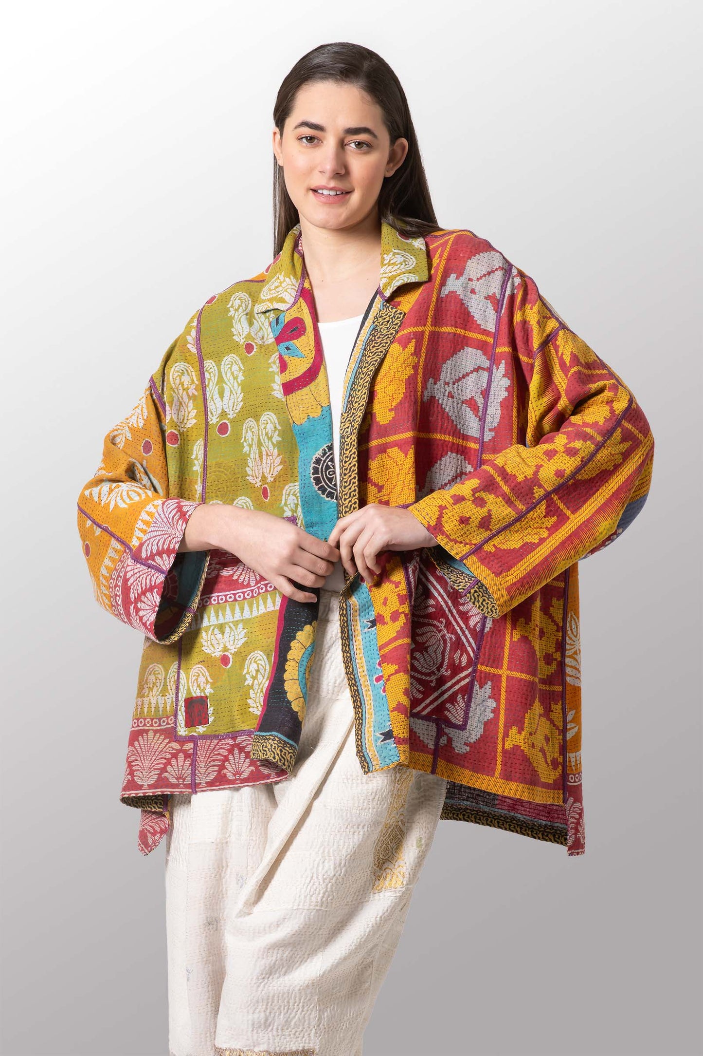 VINTAGE COTTON KANTHA OVERSIZED MINI COAT - cv2332-0005a -