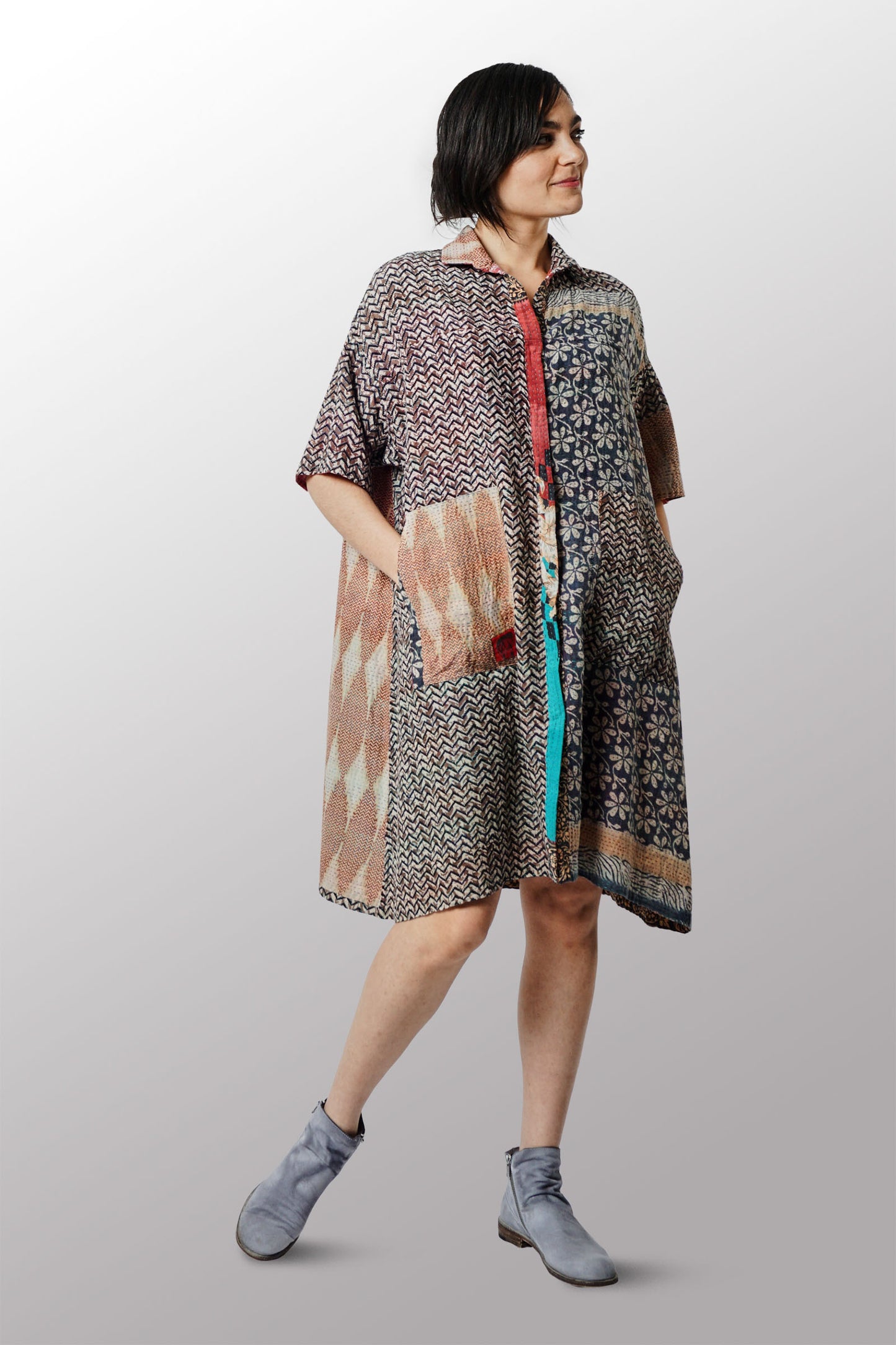 VINTAGE COTTON KANTHA HALF SLV. SHIRT DRESS - cv2429-0010a -