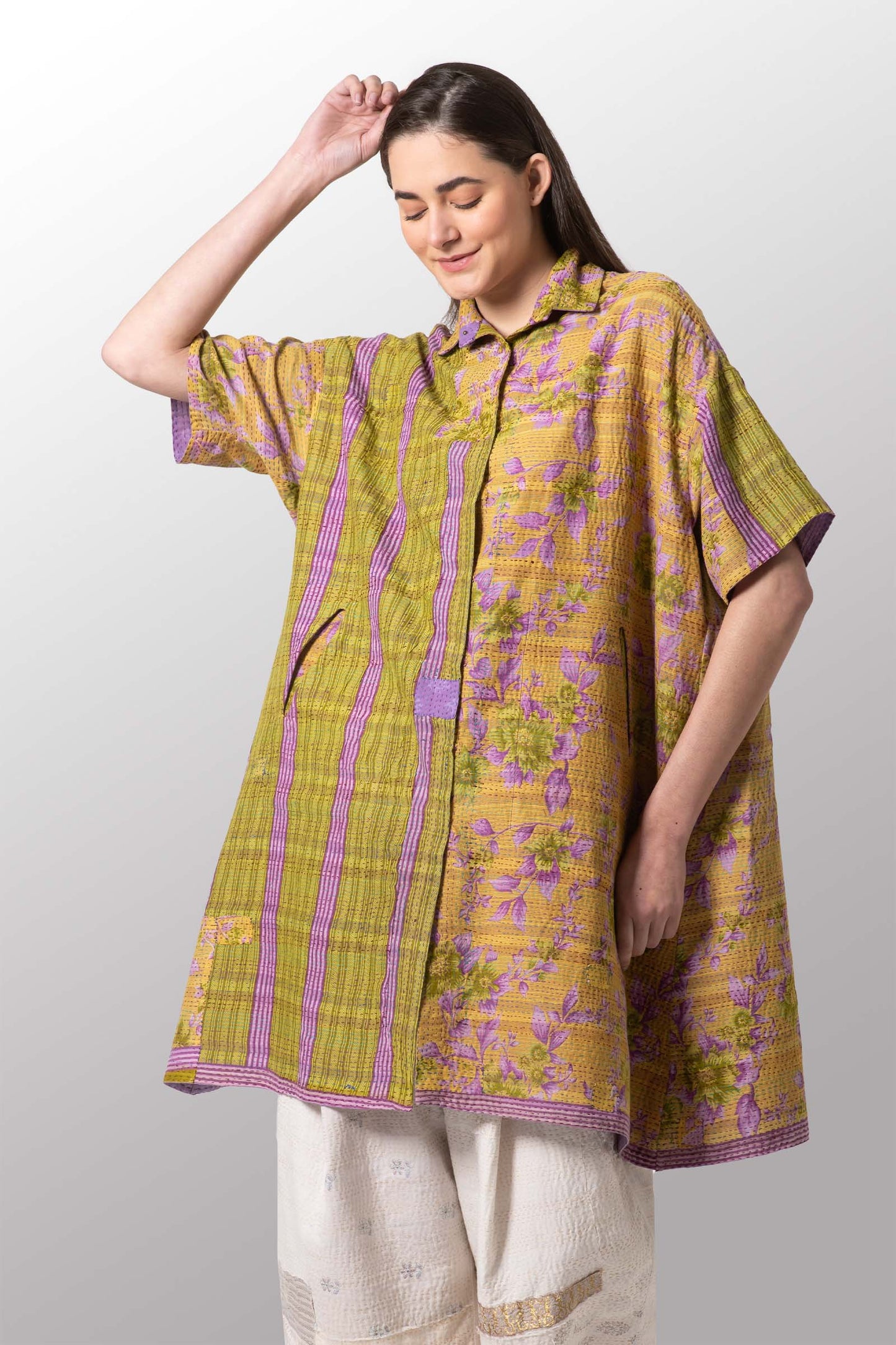 VINTAGE COTTON KANTHA HALF SLV. SHIRT DRESS - cv2429-0021a -