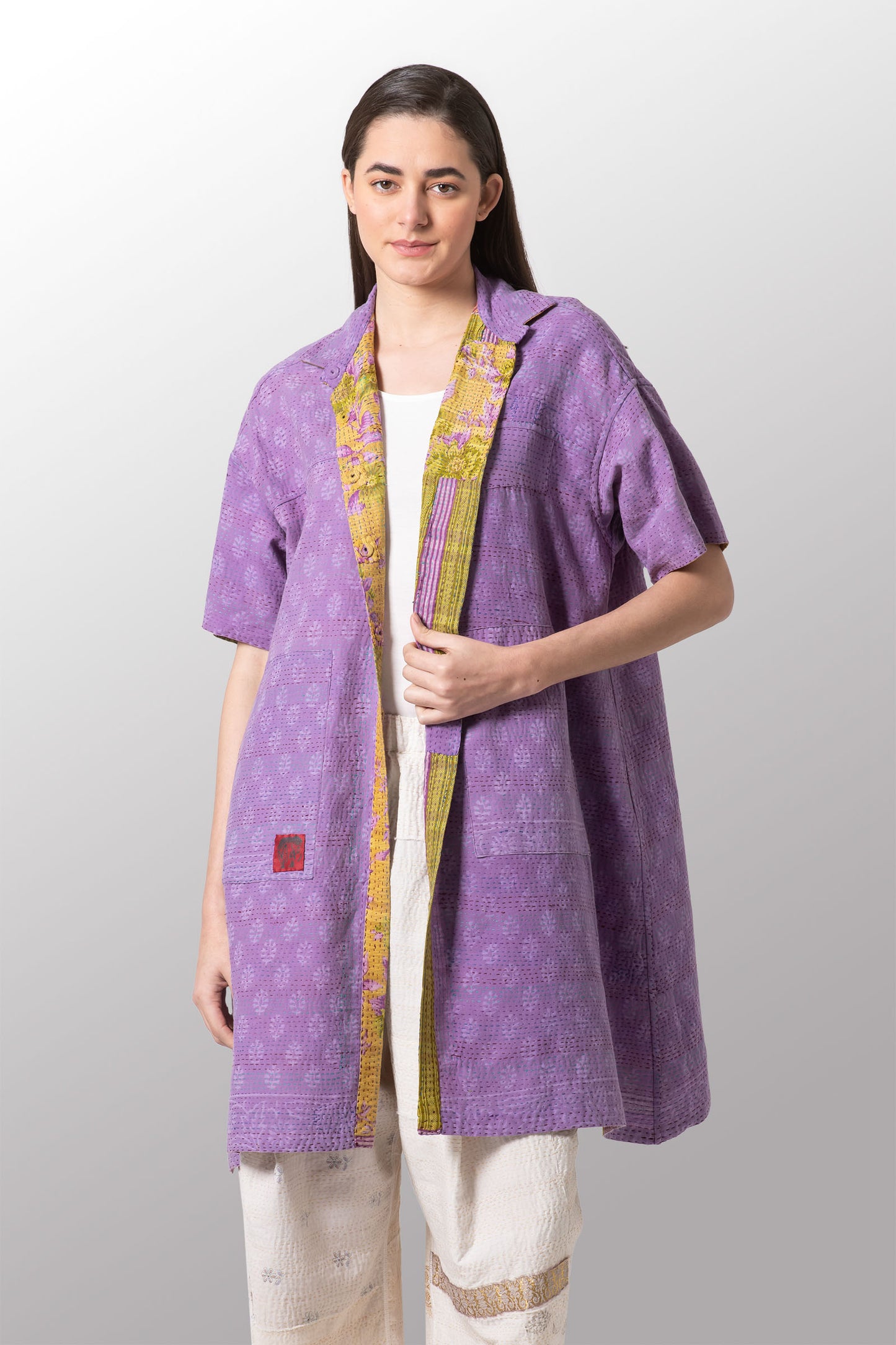 VINTAGE COTTON KANTHA HALF SLV. SHIRT DRESS - cv2429-0021a -