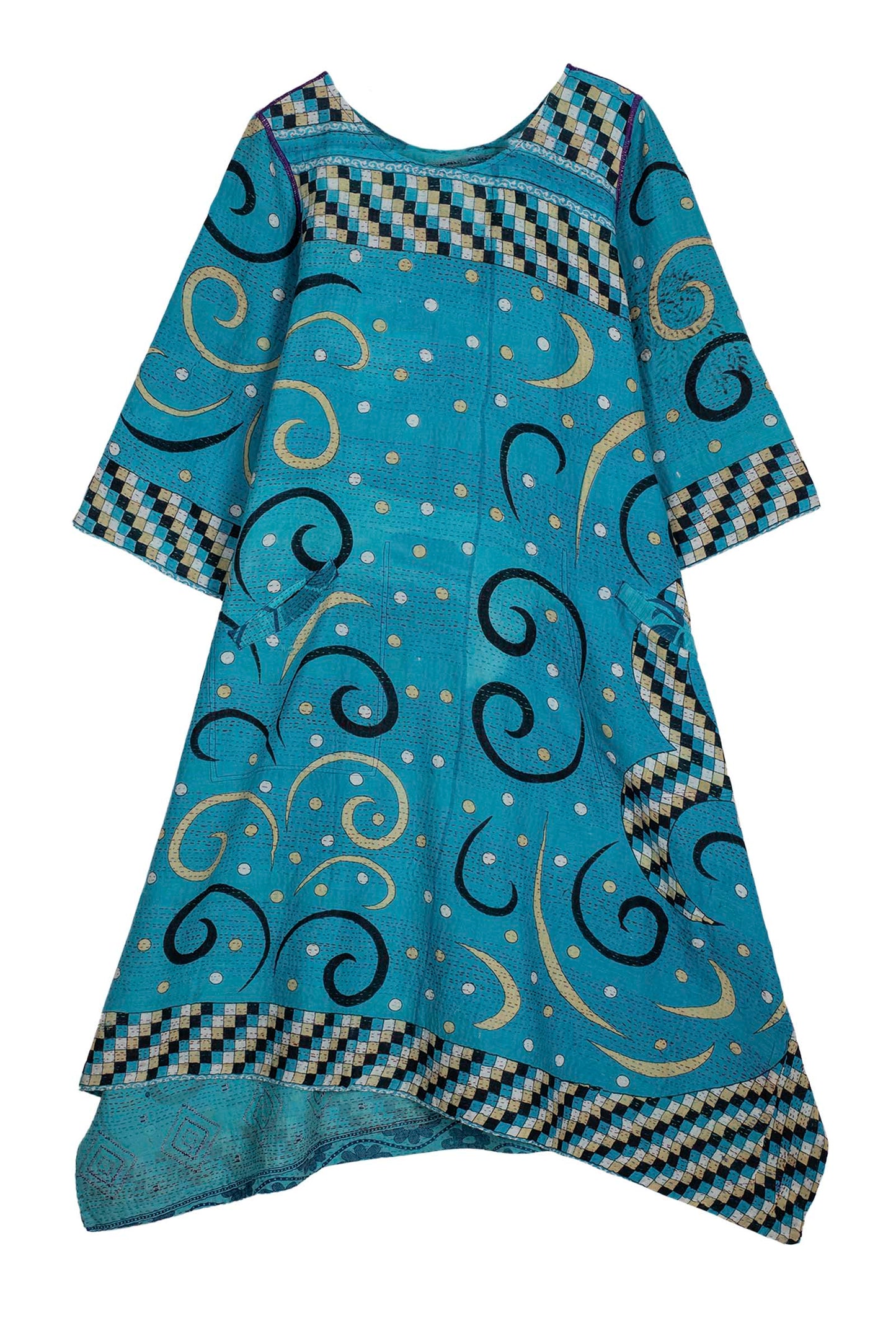 VINTAGE COTTON KANTHA POINTY HEM DRESS WITH SLEEVES - cv2437-0001m -