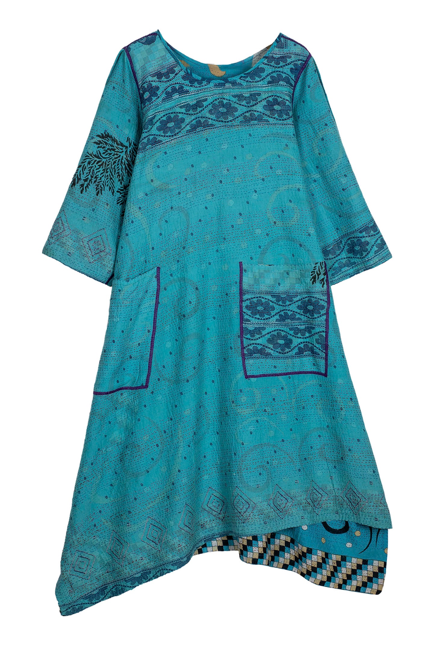 VINTAGE COTTON KANTHA POINTY HEM DRESS WITH SLEEVES - cv2437-0001m -