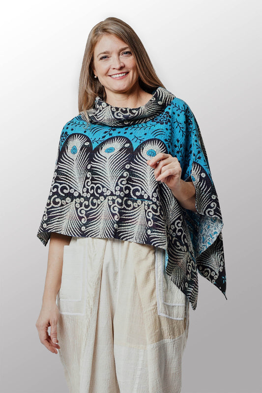 VINTAGE COTTON KANTHA COWL NECK WIDE CAPE - cv2843-blu -