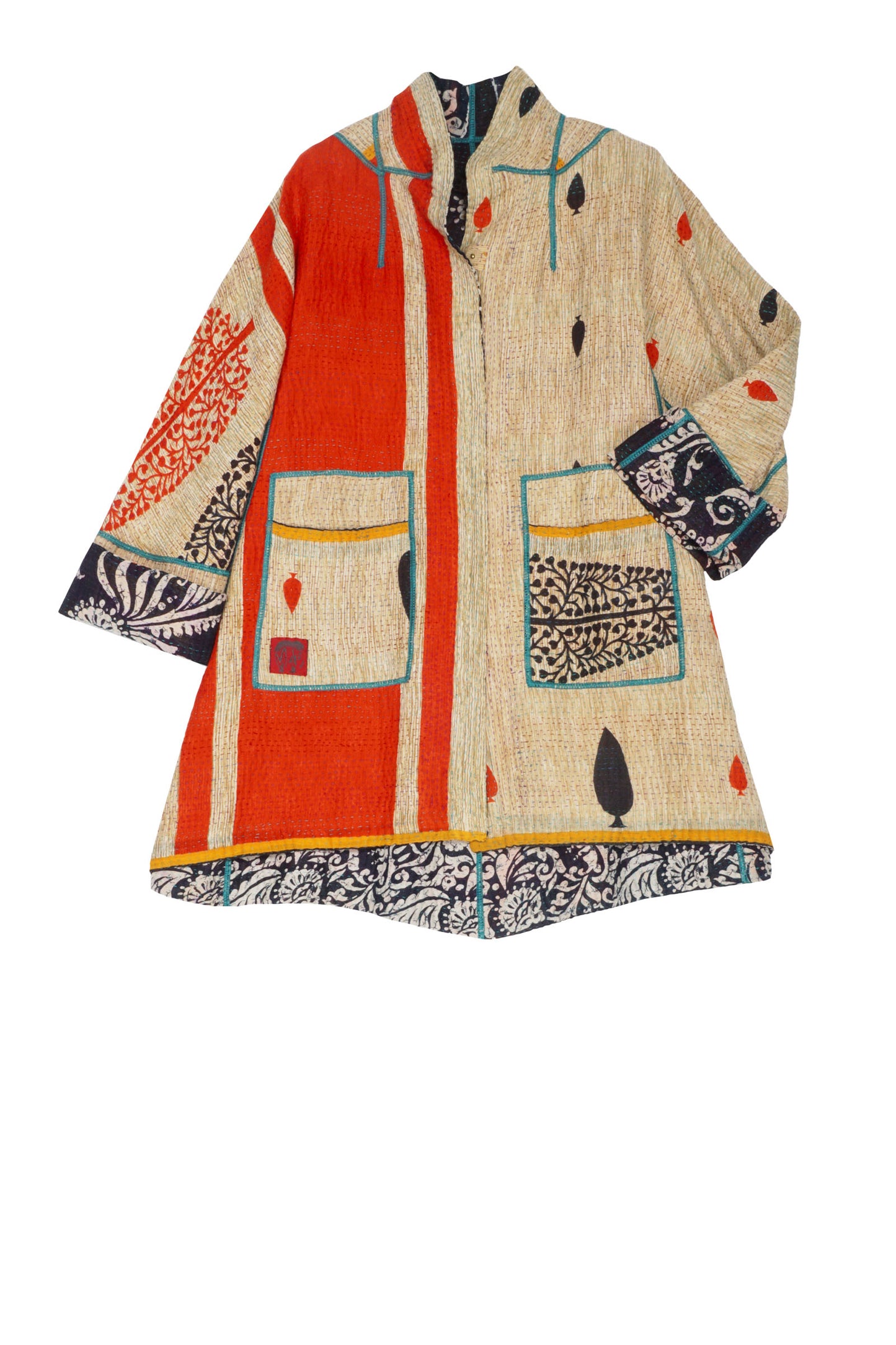 VINTAGE COTTON KANTHA FLARE LONG JKT - cv4021-0050m -