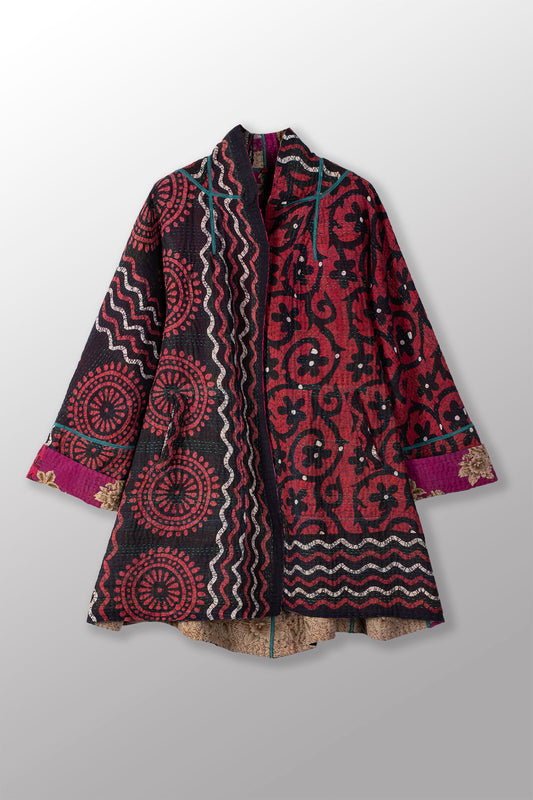 VINTAGE COTTON KANTHA FLARE LONG JACKET - cv4021-0051m -