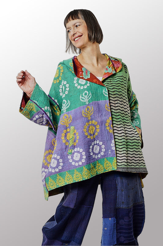 VINTAGE COTTON KANTHA HOODIE PONCHO - cv4064-0024a -