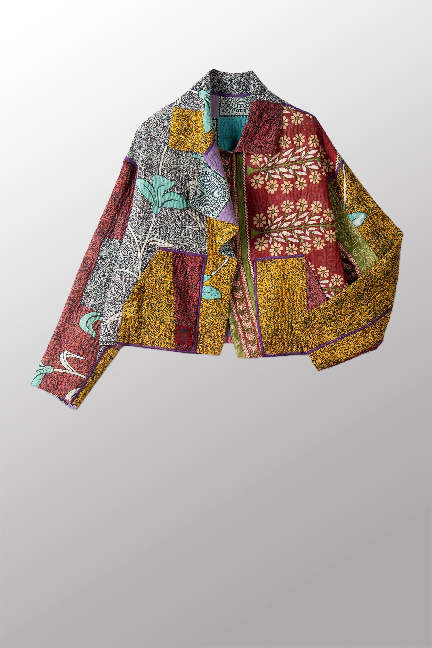 VINTAGE COTTON KANTHA LAPELED SINGLE SHORT JACKET - cv4087-0001s -