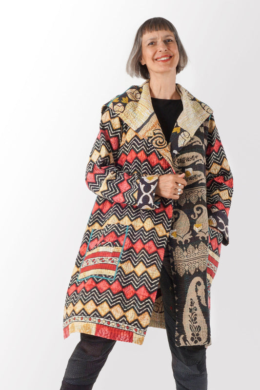 VINTAGE COTTON KANTHA POCKET MEDIUM COAT - cv4316-0015a -