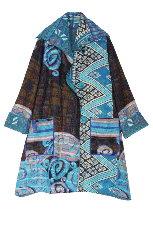 VINTAGE COTTON KANTHA POCKET MEDIUM COAT - cv4316-0021a -