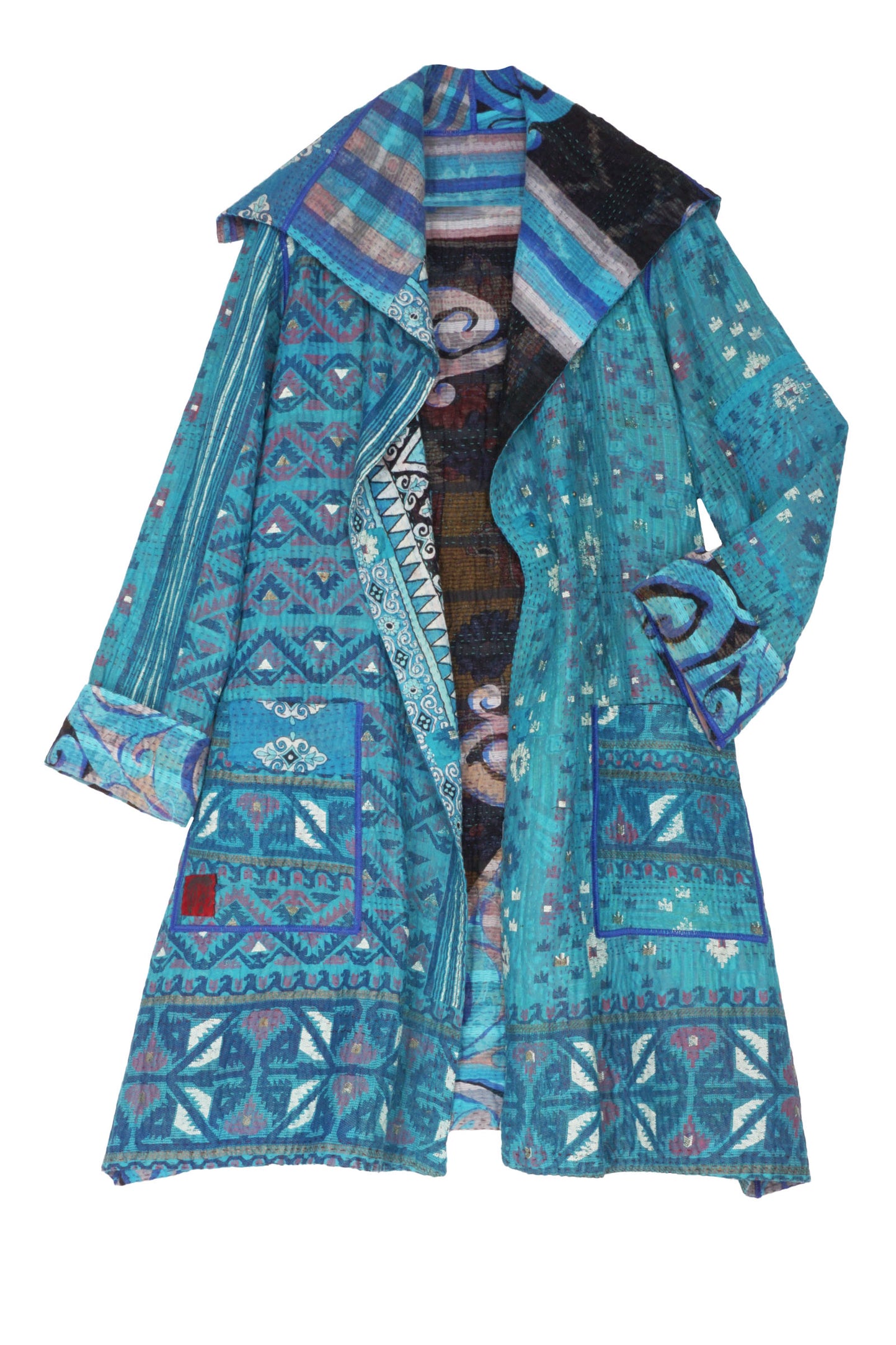 VINTAGE COTTON KANTHA POCKET MEDIUM COAT - cv4316-0021a -