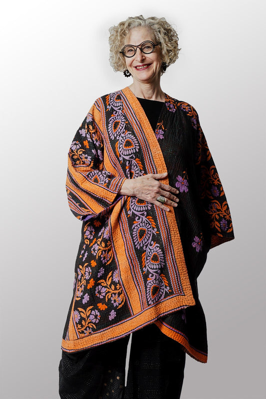 VINTAGE COTTON KANTHA KIMONO DUSTER - cv4317-0033a -