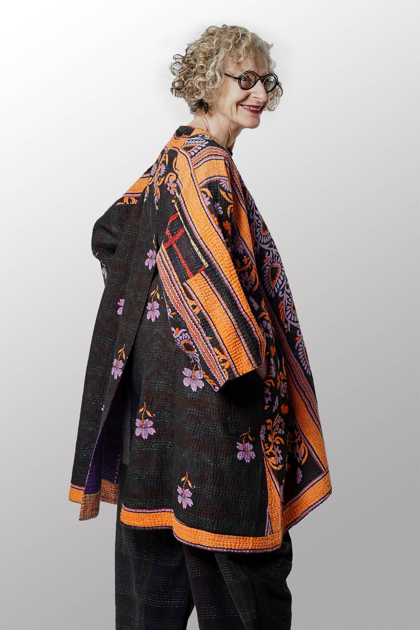 VINTAGE COTTON KANTHA KIMONO DUSTER - cv4317-0033a -