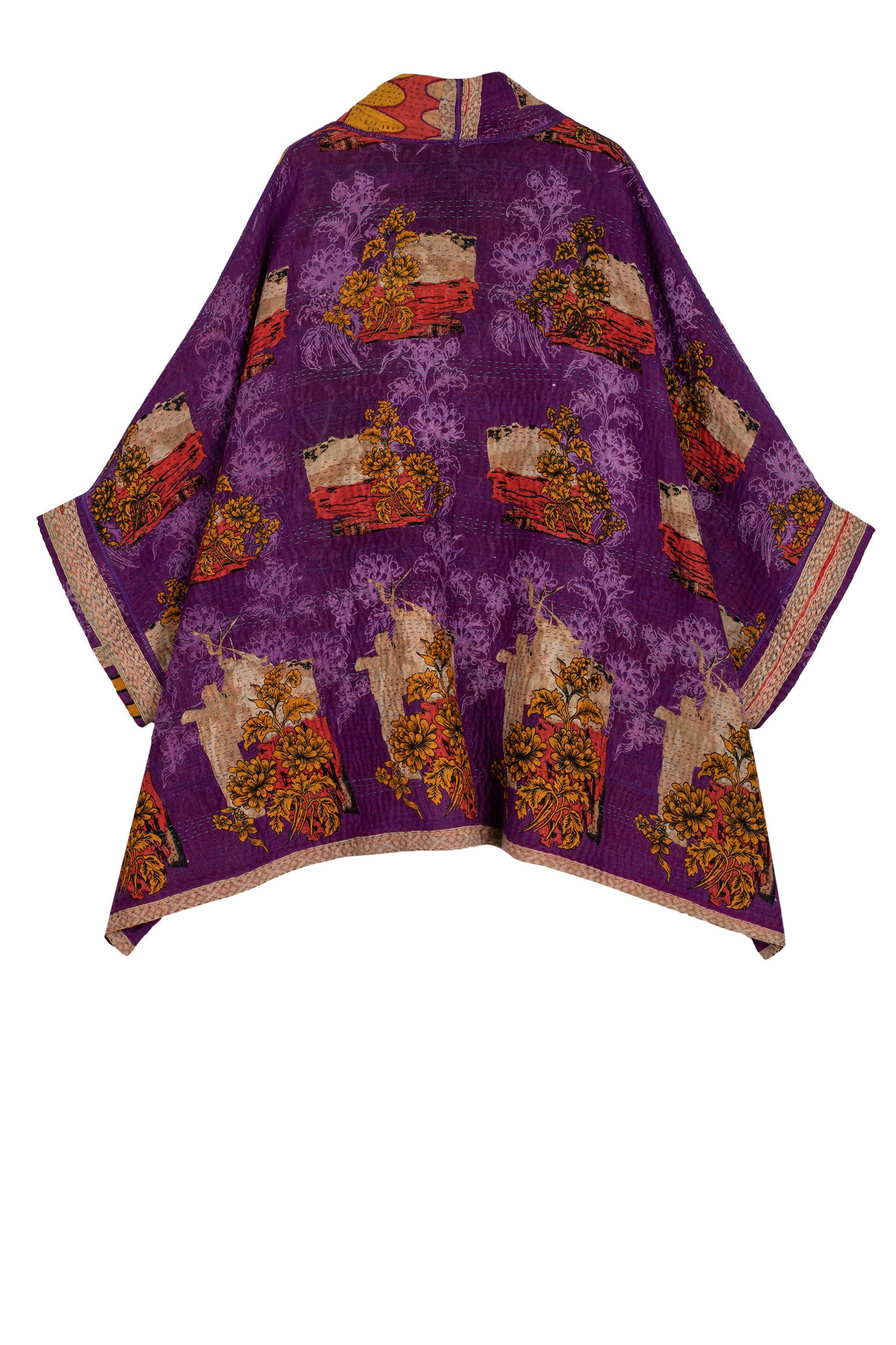 VINTAGE COTTON KANTHA DOUBLE COLLAR PONCHO - cv4323-0026a -