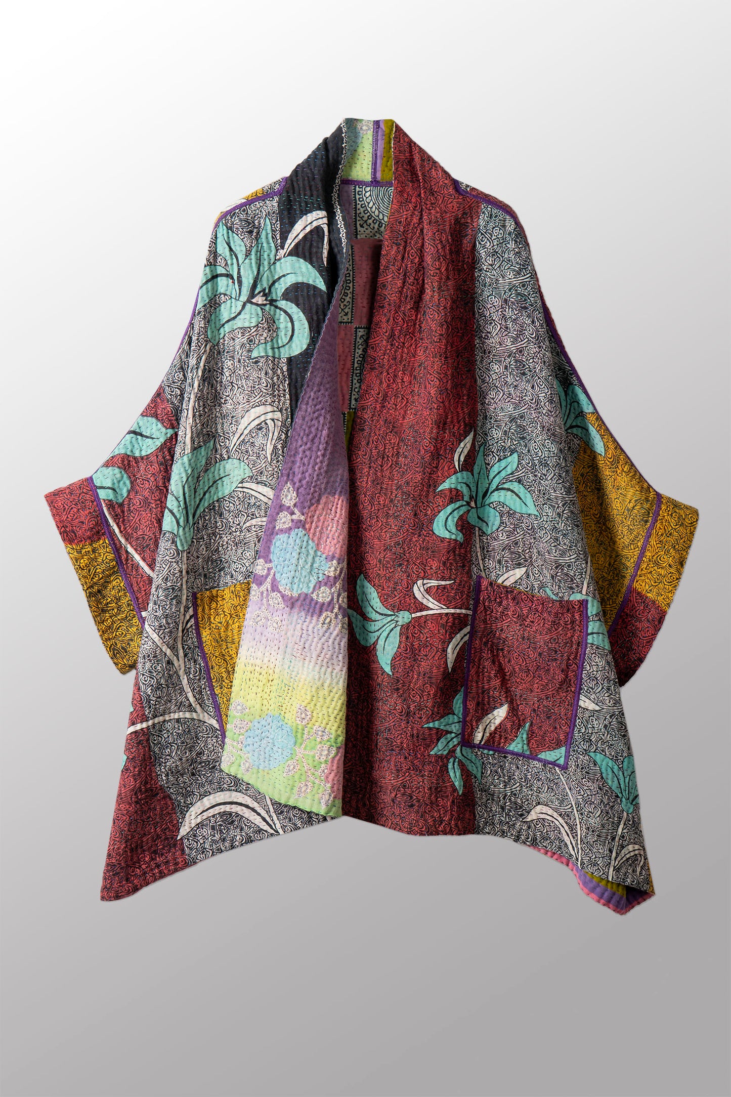 VINTAGE COTTON KANTHA DOUBLE COLLAR PONCHO - cv4323-0042a -