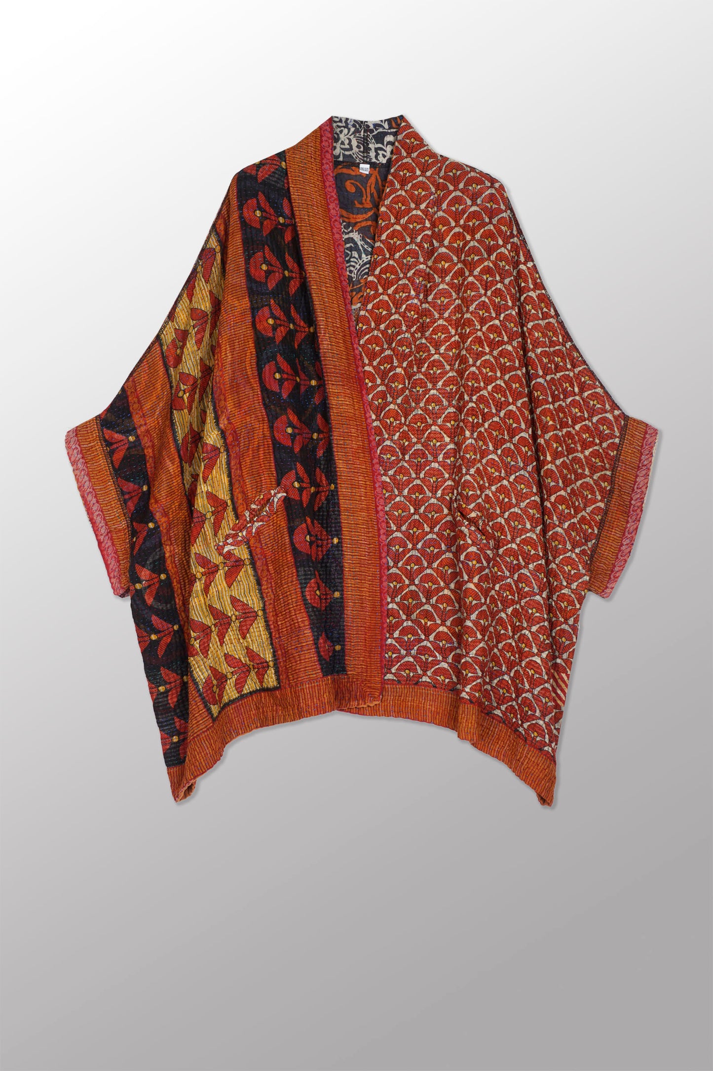 VINTAGE COTTON KANTHA DOUBLE COLLAR PONCHO - cv4323-0045a -