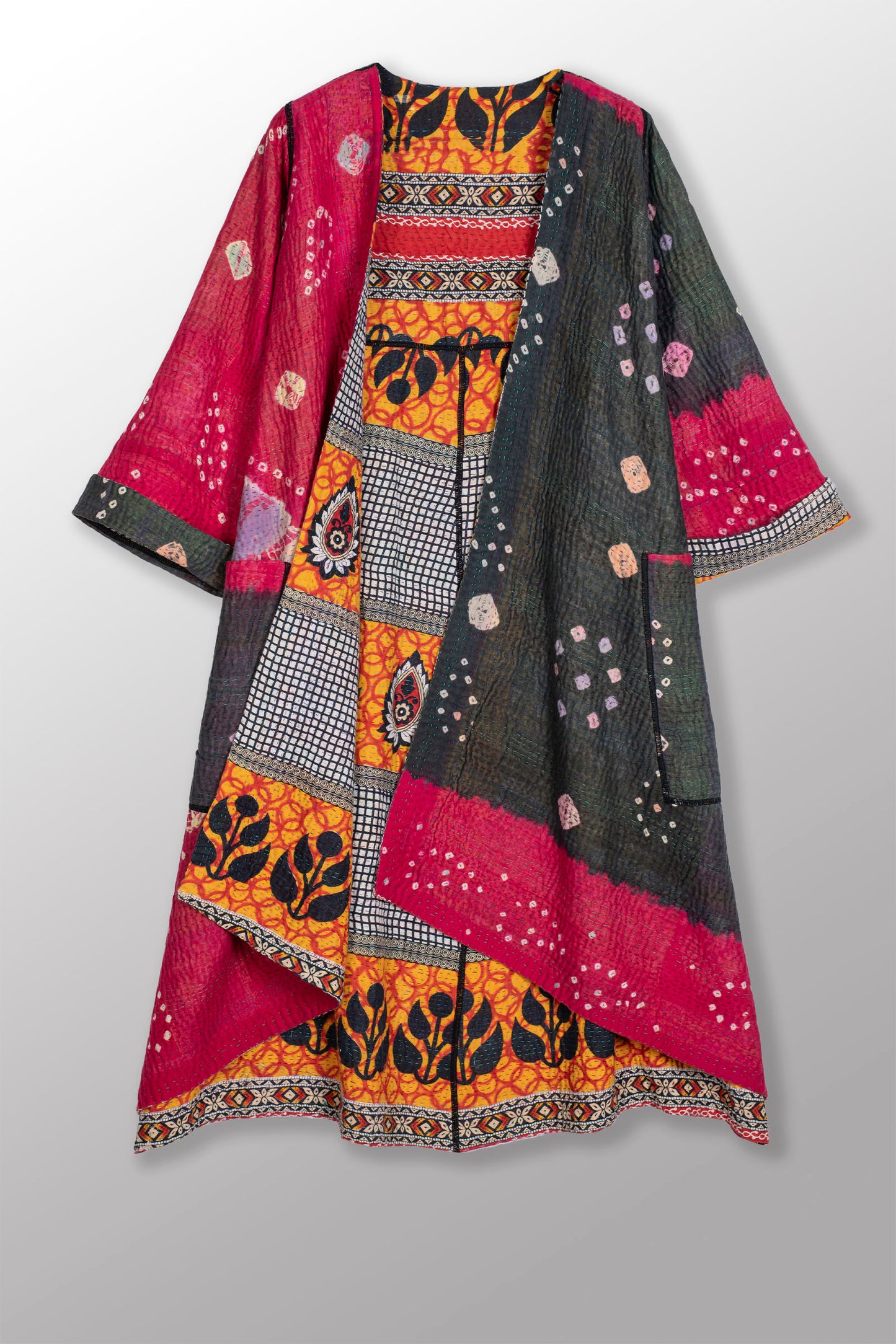 VINTAGE COTTON KANTHA WRAP FLARE COAT - cv4330-0016a -