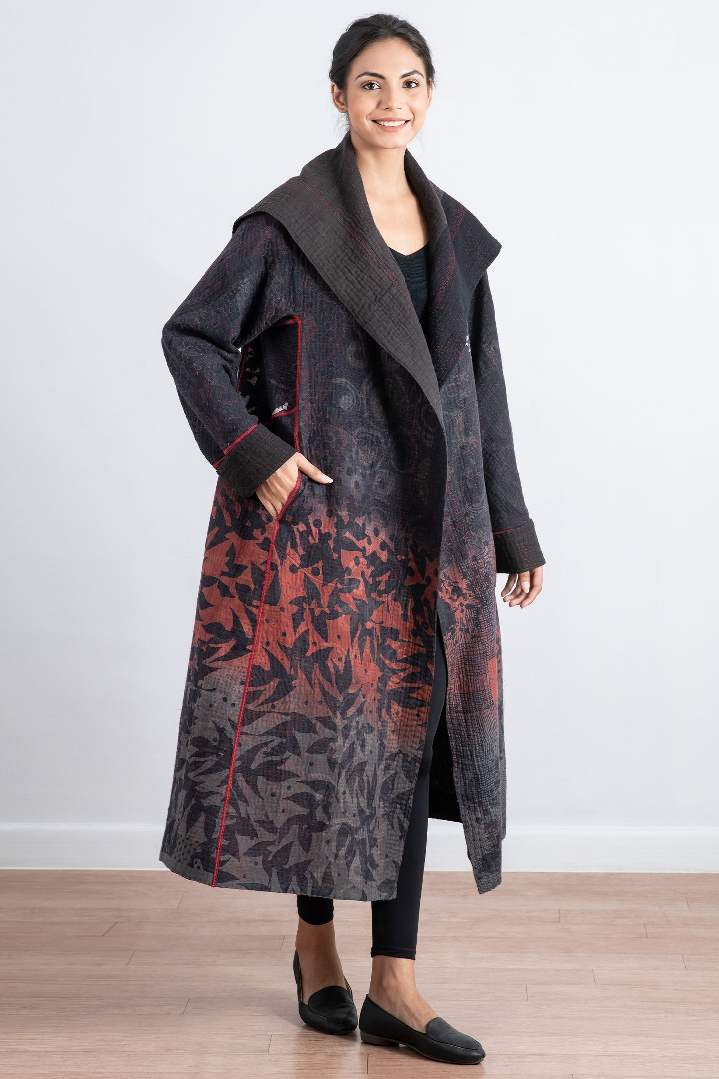 MONOTONE TWILIGHT PRINT KANTHA A-LINE LONG COAT - tp4302-red -
