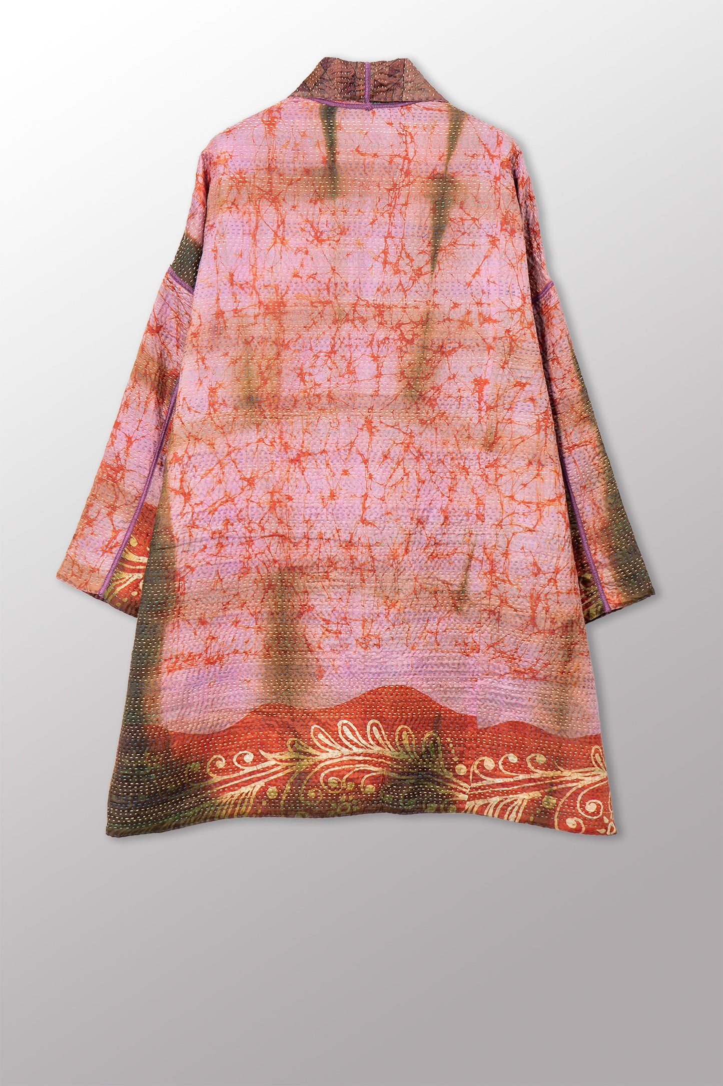 VINTAGE PRINTED SILK CLAMP DYE WITH JACQUARD KANTHA HAORI JACKET - sk4068-0001a -