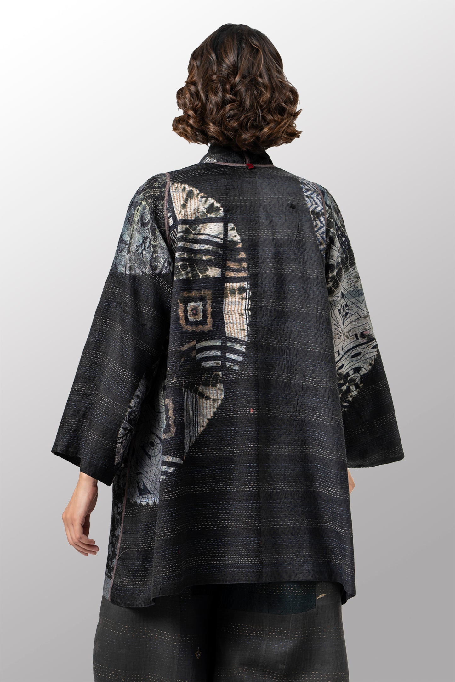 TIE DYE CIRCLE SHIBORI KANTHA A-LINE JACKET - td2003-blk -