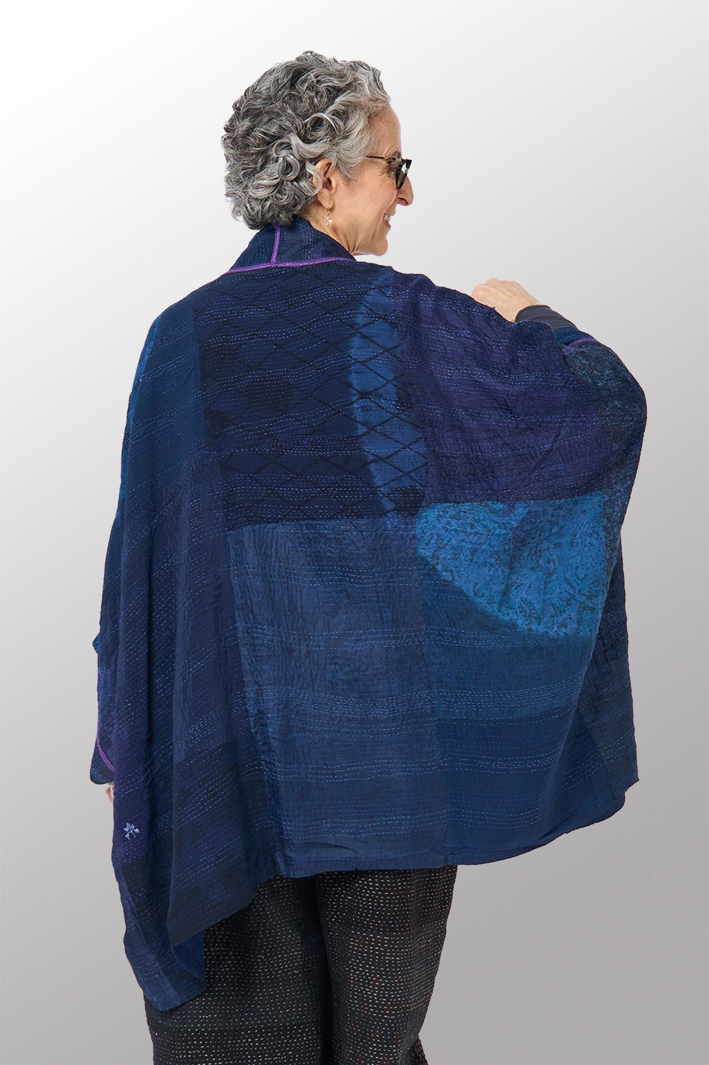 SHIBORI TIE DYE GEORGETTE VINTAGE SILK PATCH KANTHA DOUBLE COLLAR PONCHO - st-gs2323-nvy -
