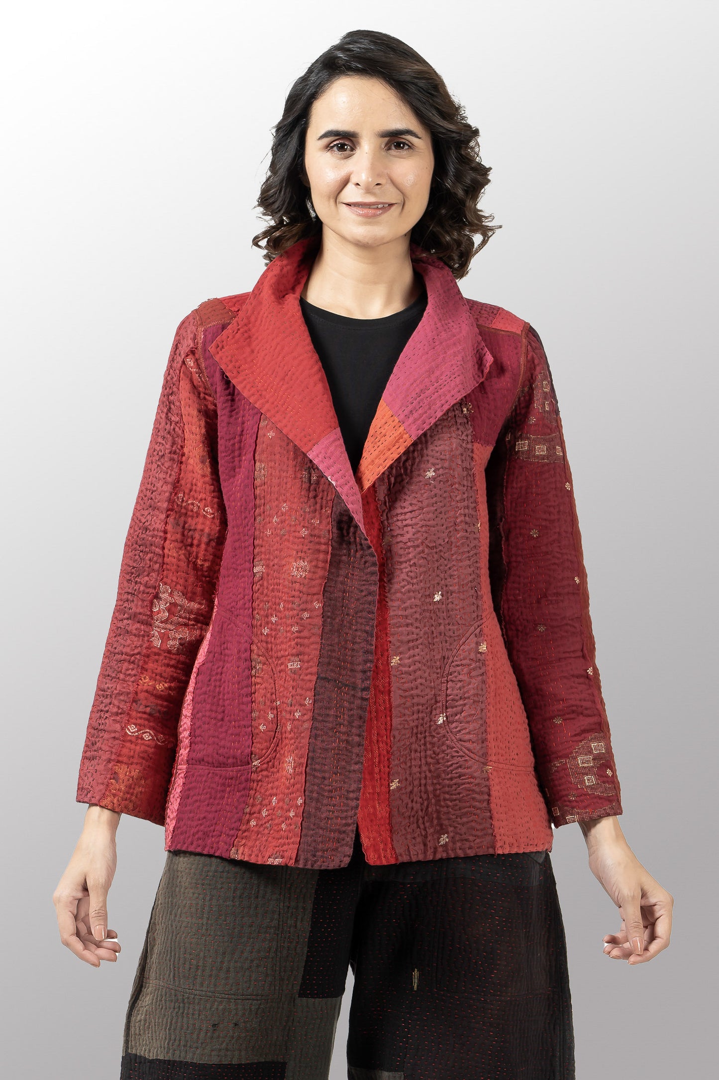 STRIPE AND CHECK COTTON SILK PATCH KANTHA SHORT JACKET - ss4007-red -