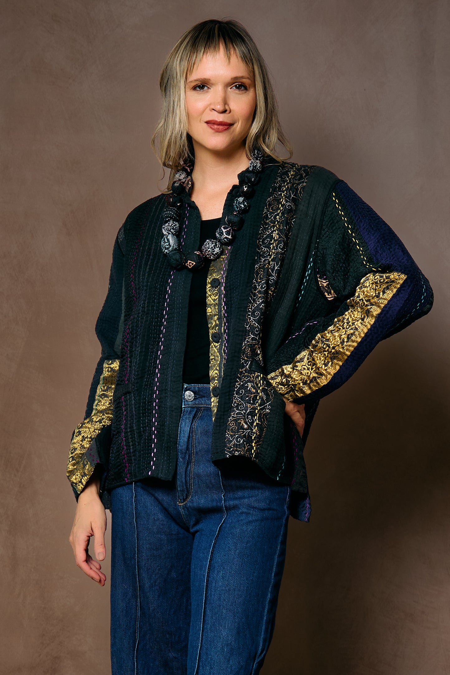 JEWEL WOVEN WITH VERTICAL PATCH KANTHA KAFTAN JACKET SHORT - jv4088-blk -