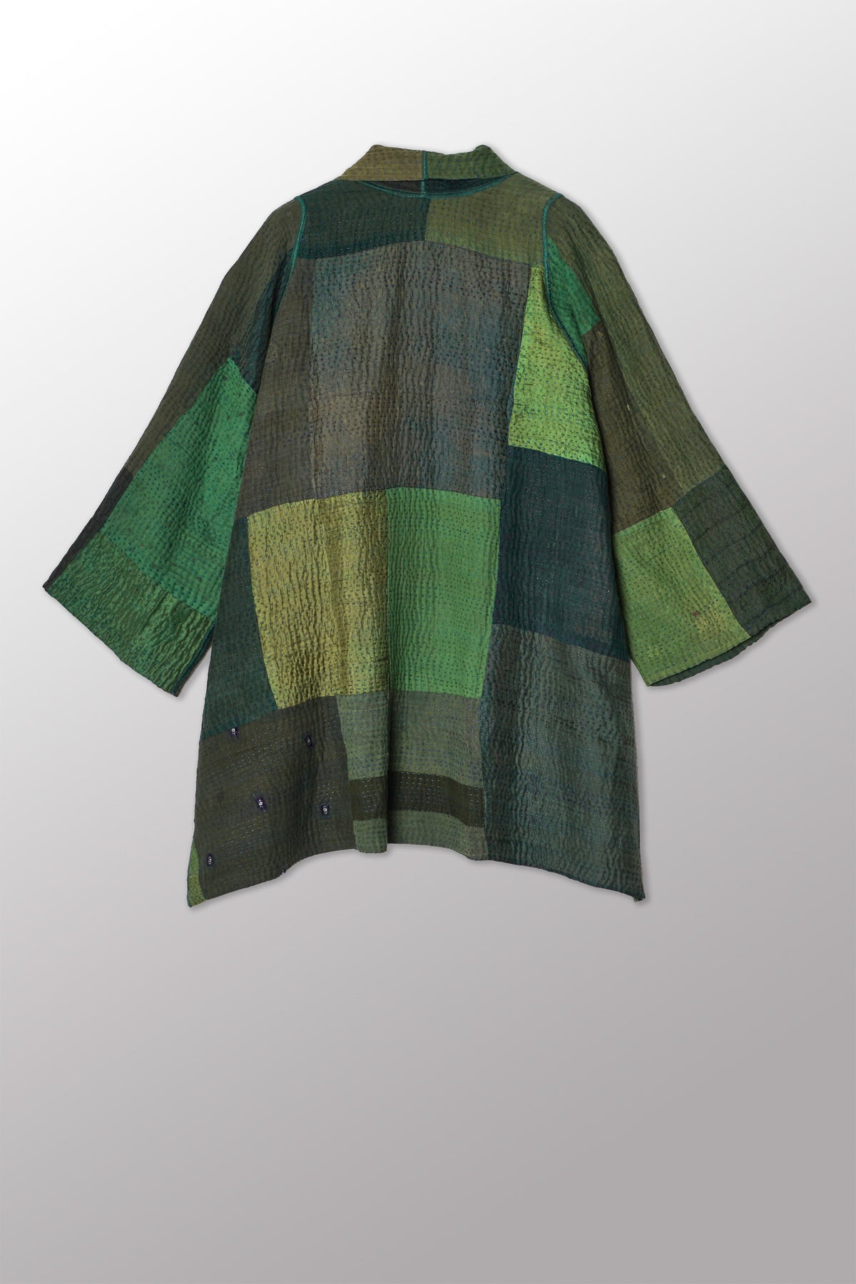 OVERDYED COTTON SILK SW PATCH OMBRE KANTHA A-LINE JACKET - ov-wo4003-grn -